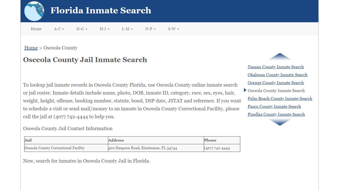 Osceola County FL Jail Inmate Search
